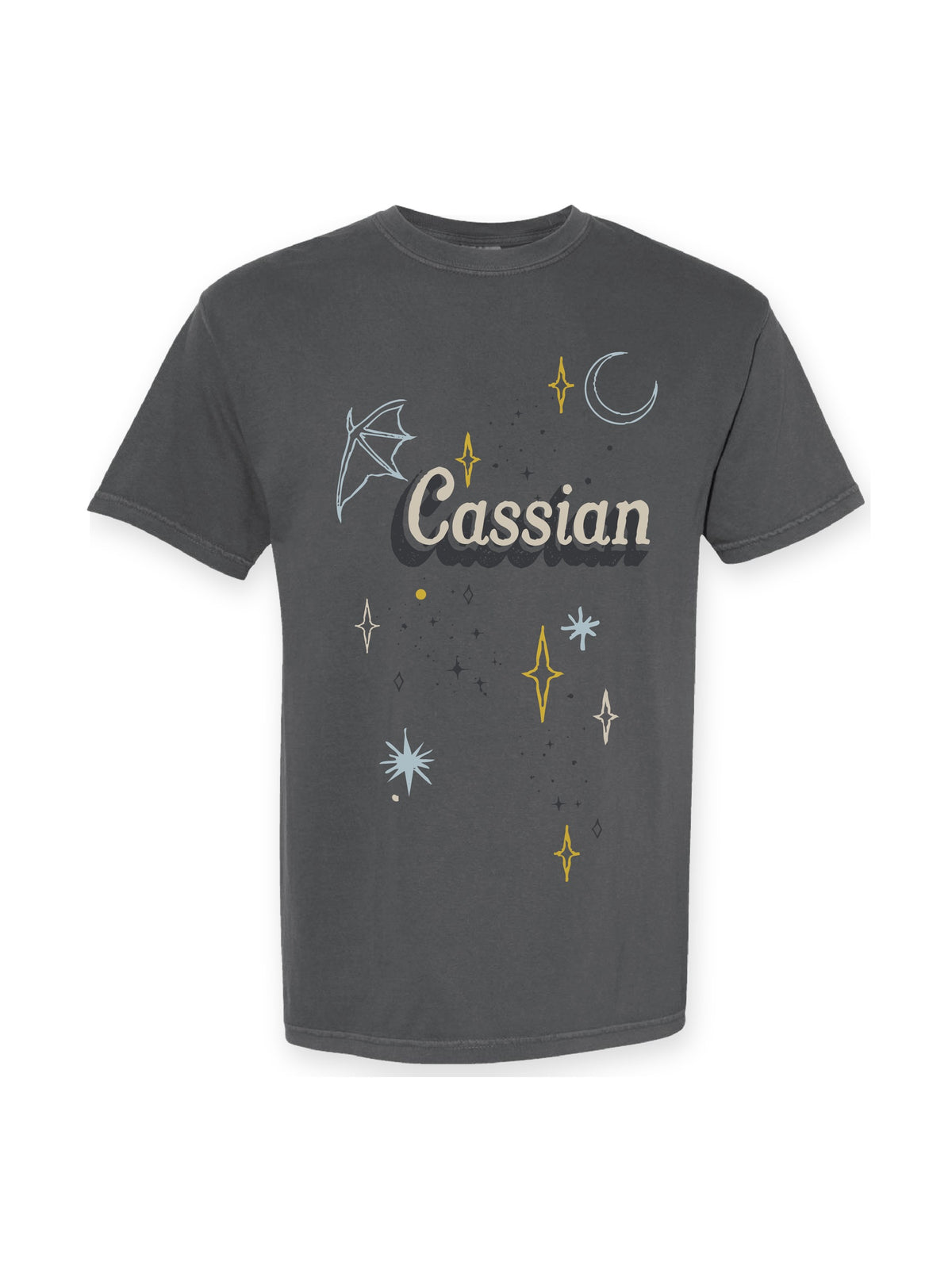 Cassian Wings Shirt flat lay on white, fae-court romantasy book merch by Girl Tribe Co.