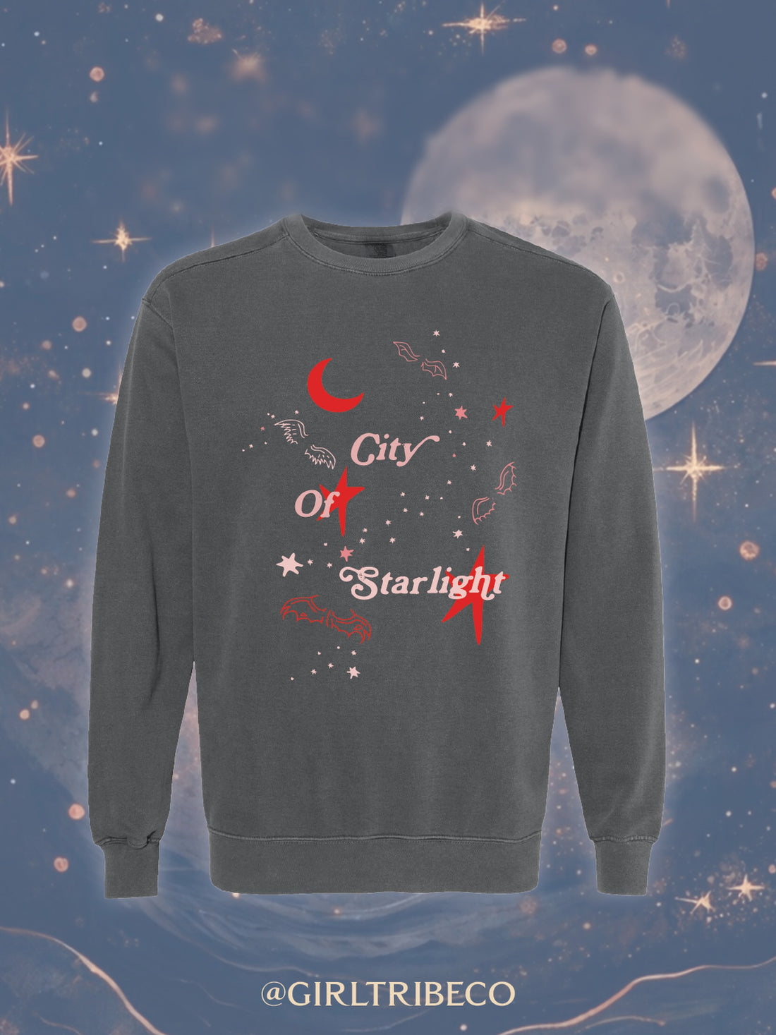 Model wearing the City of Starlight Sweatshirt, fae-court romantasy book merch by Girl Tribe Co.