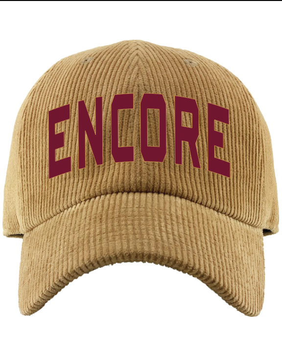 Encore Corduroy Hat in khaki with maroon ENCORE lettering