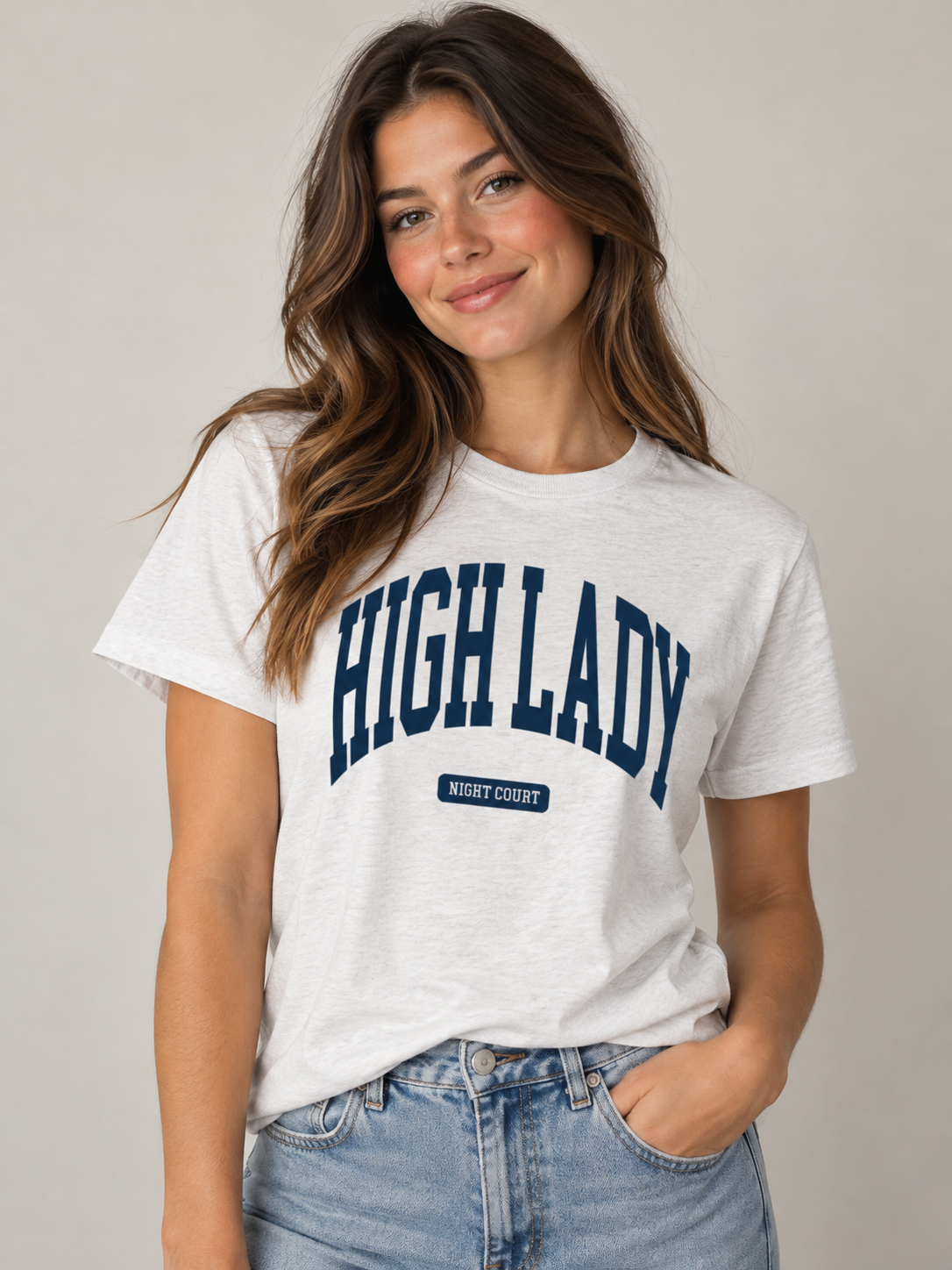 Model wearing the High Lady Tee in Ash, fae-court romantasy book merch by Girl Tribe Co.