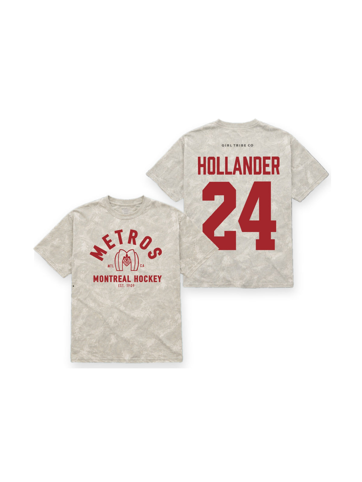 Hollander 24 Every Day Tee in Camo flat lay on white, rivals-to-lovers hockey romance merch by Girl Tribe Co.