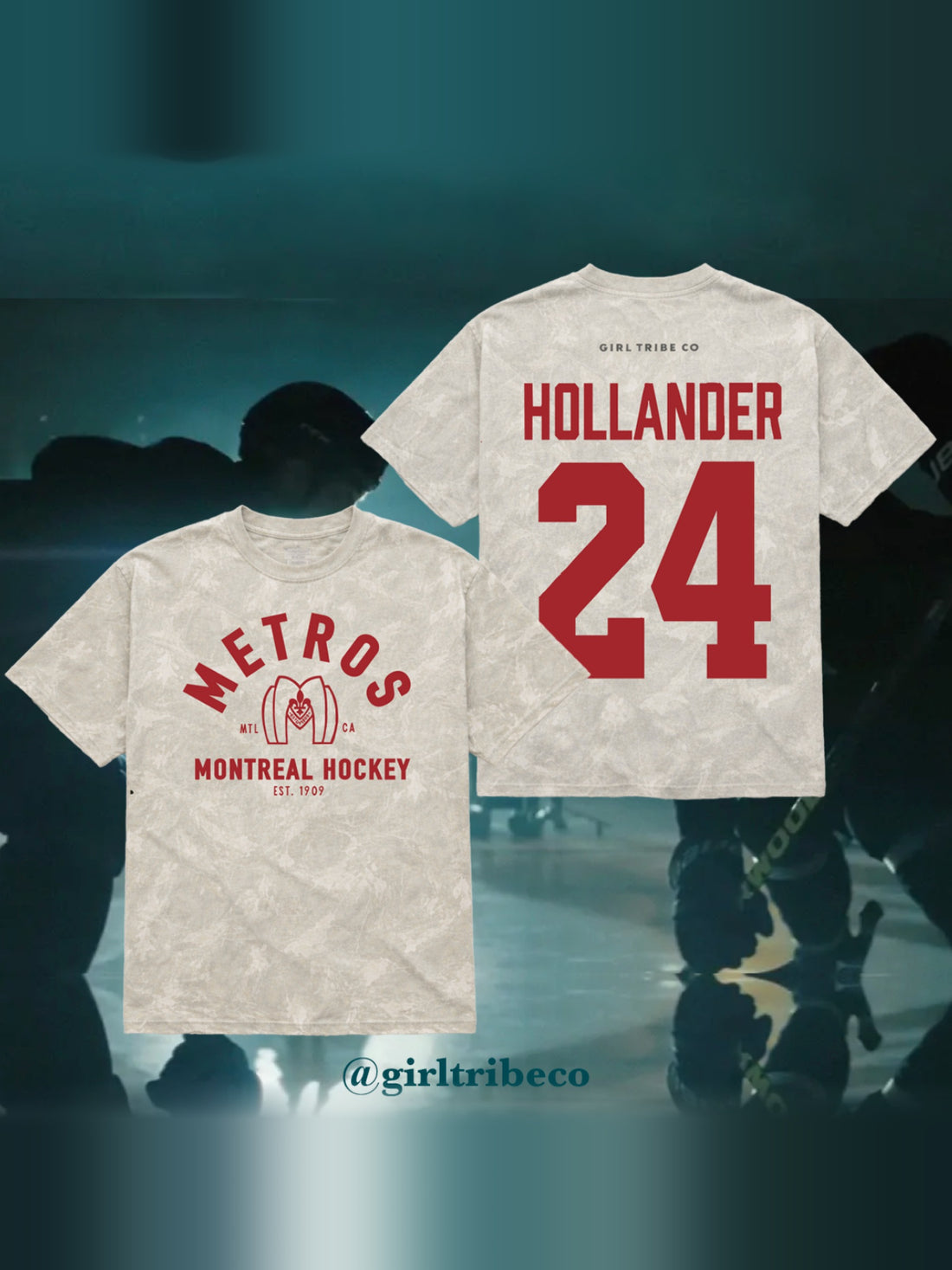 Model wearing the Hollander 24 Every Day Tee in Camo, back view, rivals-to-lovers hockey romance merch by Girl Tribe Co.