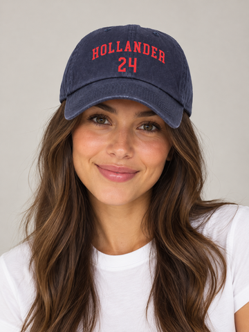 Model wearing the Hollander 24 Dad Hat, rivals-to-lovers hockey romance merch by Girl Tribe Co.