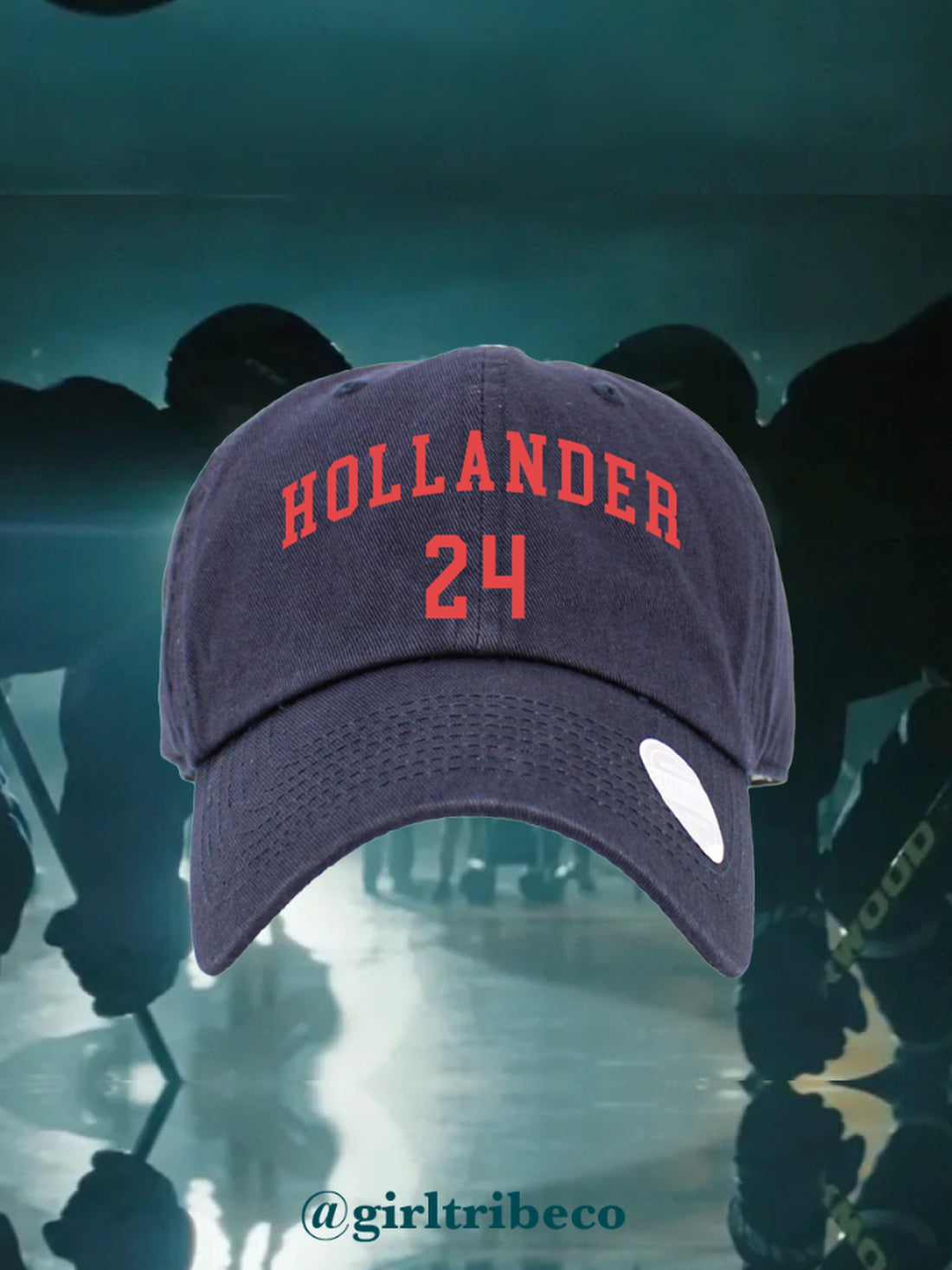 Model wearing the Hollander 24 Dad Hat, rivals-to-lovers hockey romance merch by Girl Tribe Co.