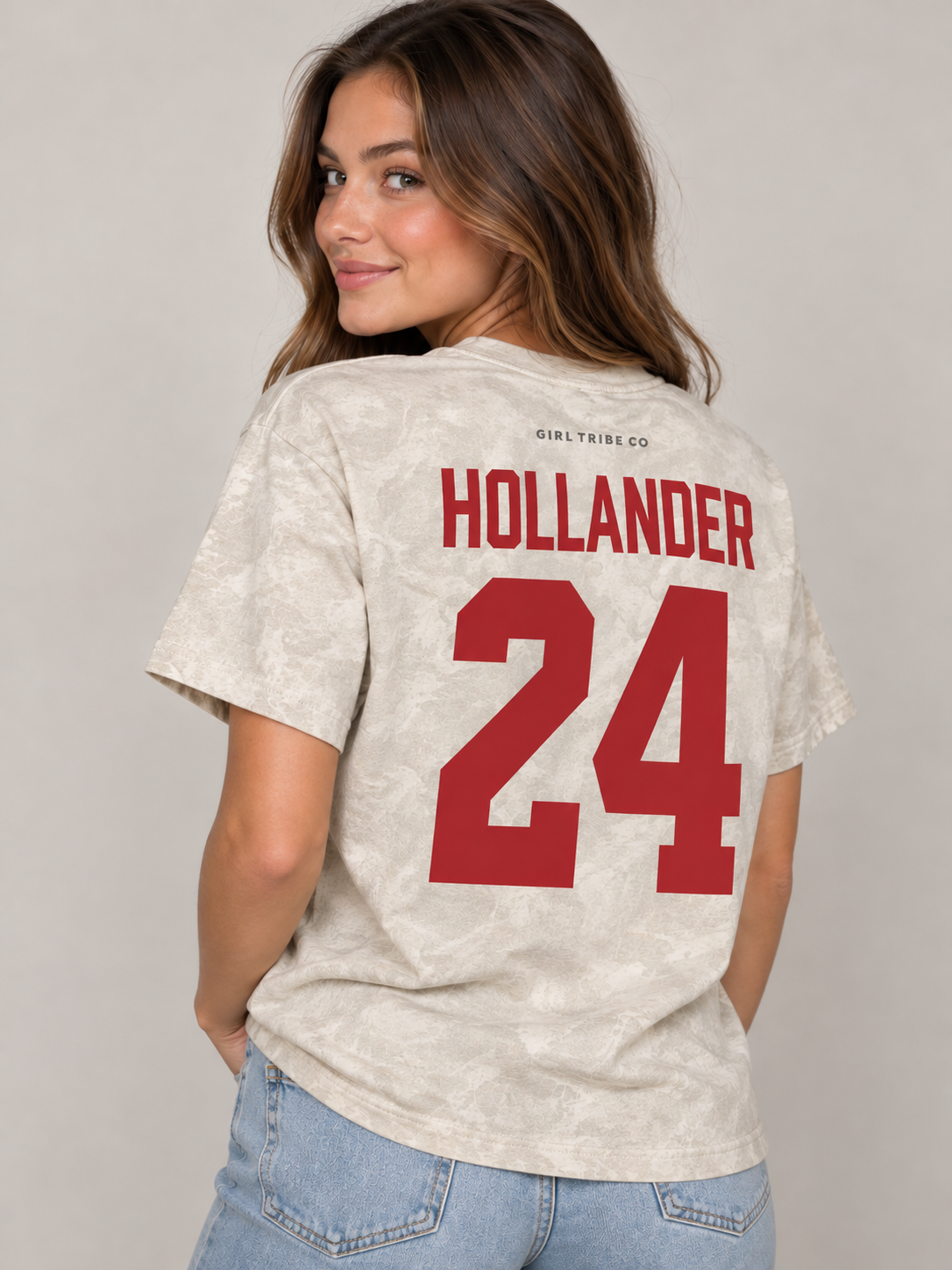 Model wearing the Hollander 24 Every Day Tee in Camo, back view, rivals-to-lovers hockey romance merch by Girl Tribe Co.