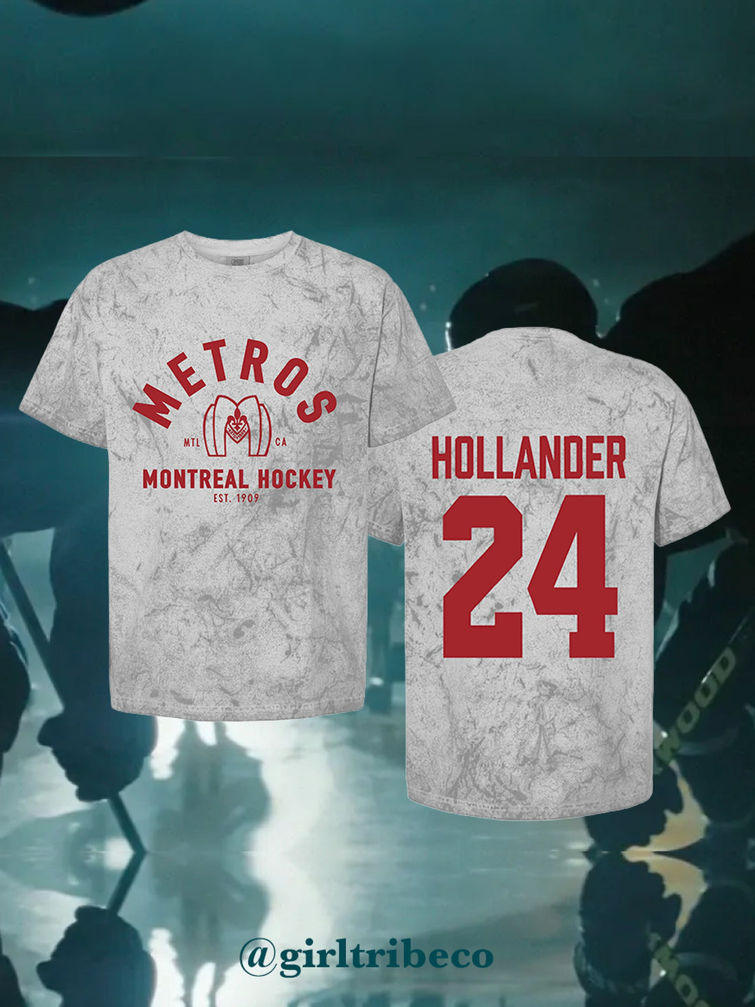 Model wearing the Hollander 24 Every Day Tee in Smoke Gray, rivals-to-lovers hockey romance merch by Girl Tribe Co.