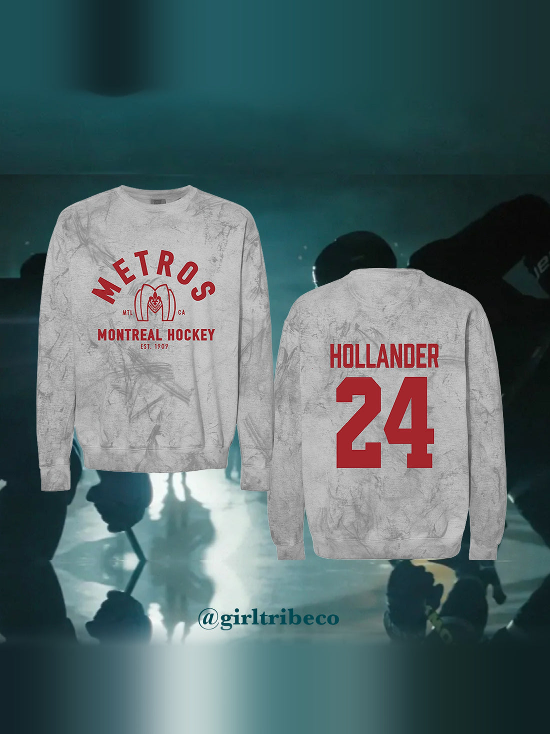 Model wearing the Hollander 24 Sweatshirt in Smoke Grey, back view, rivals-to-lovers hockey romance merch by Girl Tribe Co.