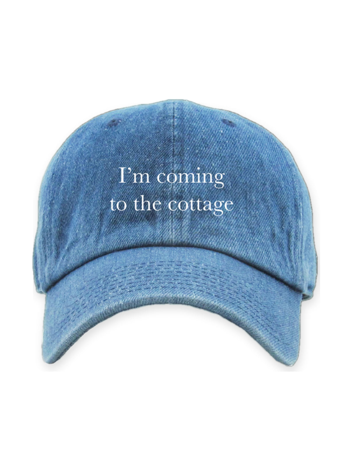 I'm coming to the cottage hat in denim flat lay on white, rivals-to-lovers hockey romance merch by Girl Tribe Co.