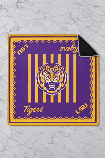 LSU Tigers Girl Tribe mahjong mat, 33" x 33", purple and gold stripes with Tiger head logo