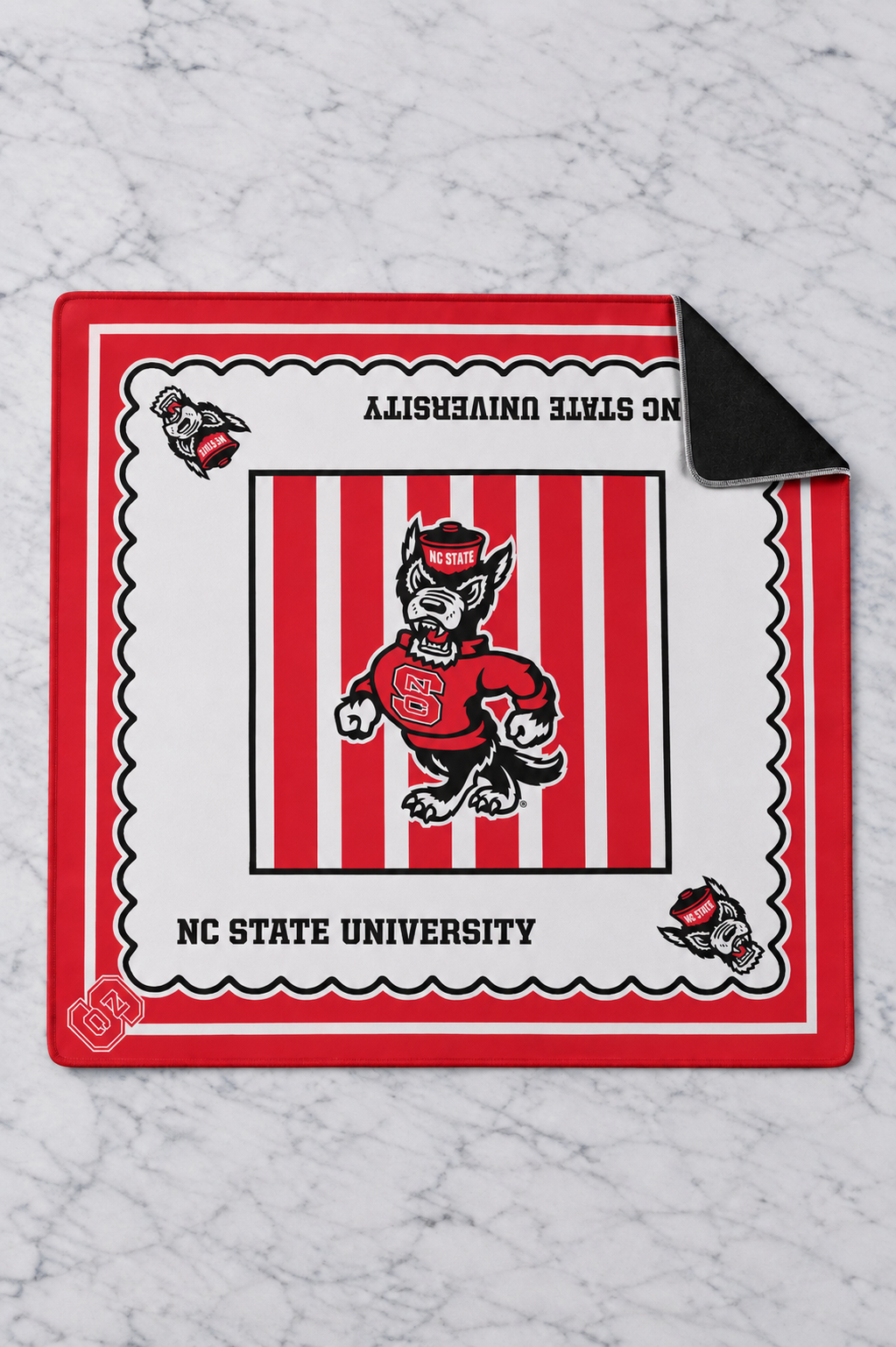 NC State Wolfpack Girl Tribe mahjong mat, 33" x 33", red and white stripes with Mr. Wuf mascot