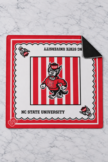 NC State Wolfpack Girl Tribe mahjong mat, 33" x 33", red and white stripes with Mr. Wuf mascot