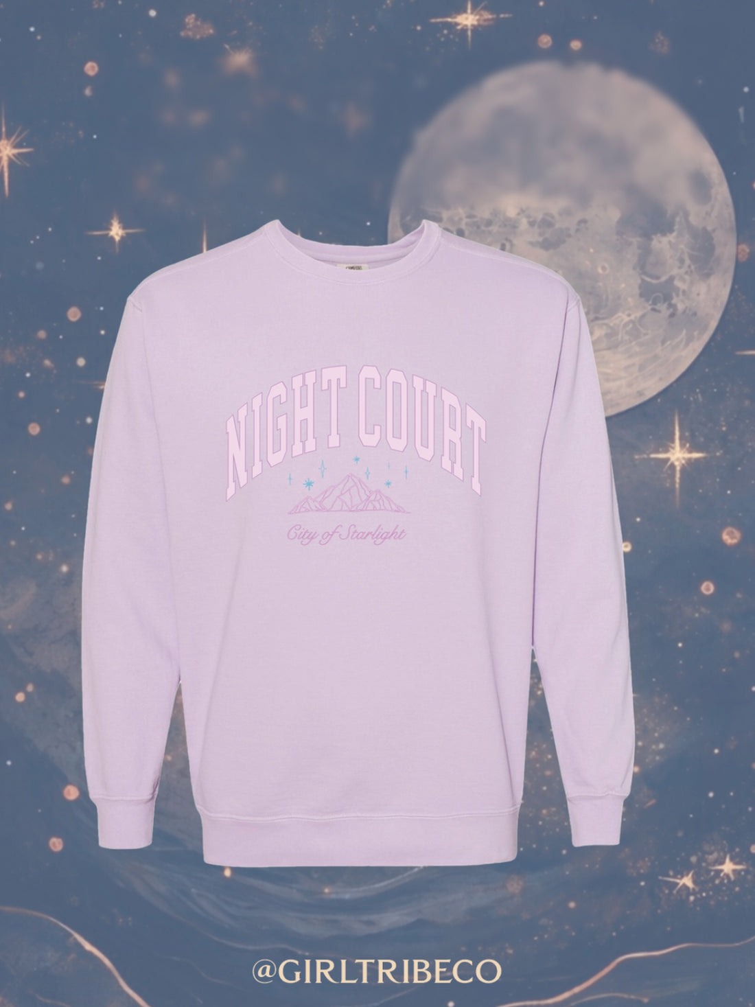 Model wearing the Night Court Sweatshirt in Lavender, fae-court romantasy book merch by Girl Tribe Co.