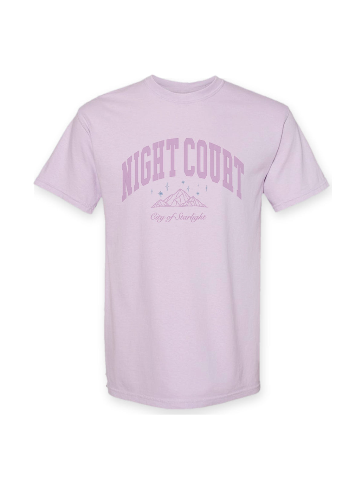 Night Court Tee in Orchid flat lay on white, fae-court romantasy book merch by Girl Tribe Co.