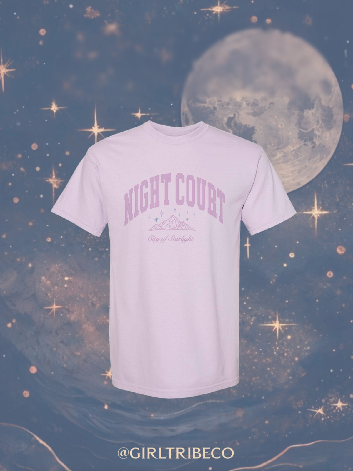 Night Court Tee in Orchid, fae-court romantasy book merch by Girl Tribe Co.