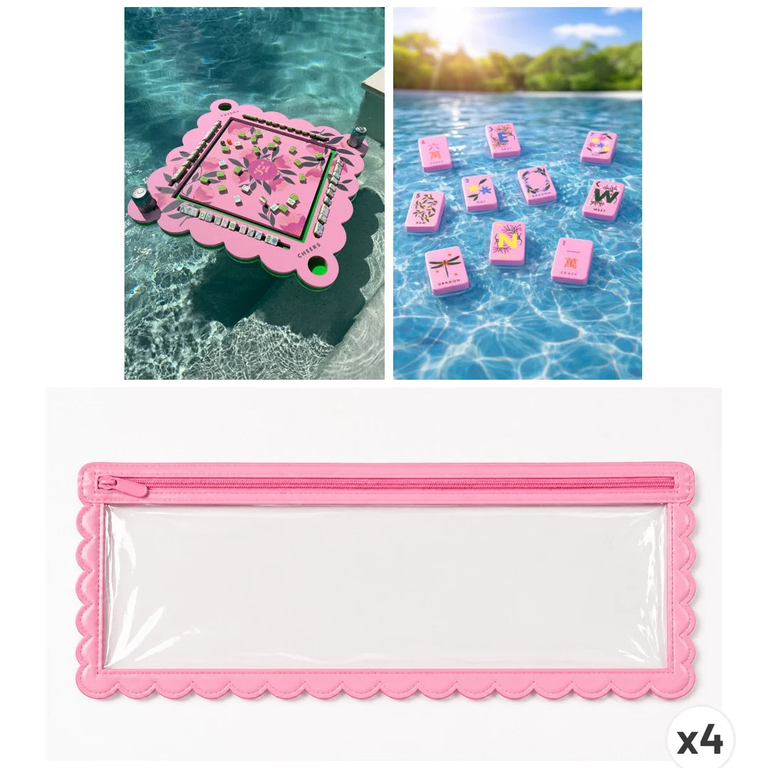 Pool Mahjong Pink Bundle with Floating Mat, Card Holders & Tiles