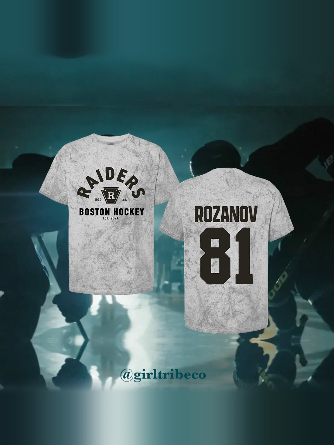 Model wearing the Rozanov 81 Every Day Tee in Smoke Gray, back view, rivals-to-lovers hockey romance merch by Girl Tribe Co.