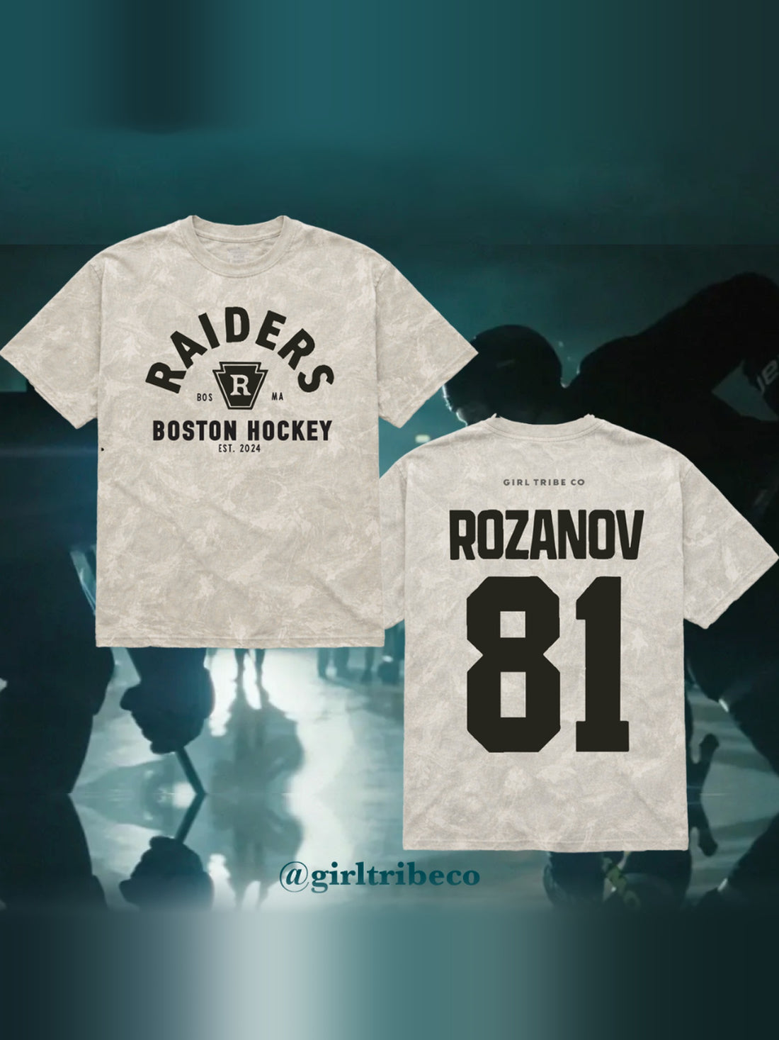 Model wearing the Rozanov 81 Every Day Tee in Camo, back view, rivals-to-lovers hockey romance merch by Girl Tribe Co.