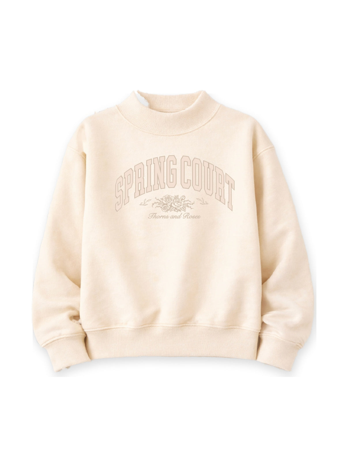 Spring Court Mock Neck in Cream flat lay on white, fae-court romantasy book merch by Girl Tribe Co.