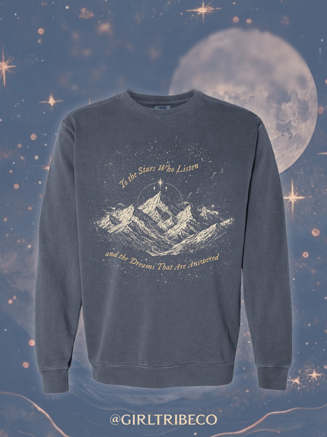 Model wearing the To the Stars Who Listen sweatshirt, fae-court romantasy book merch by Girl Tribe Co.