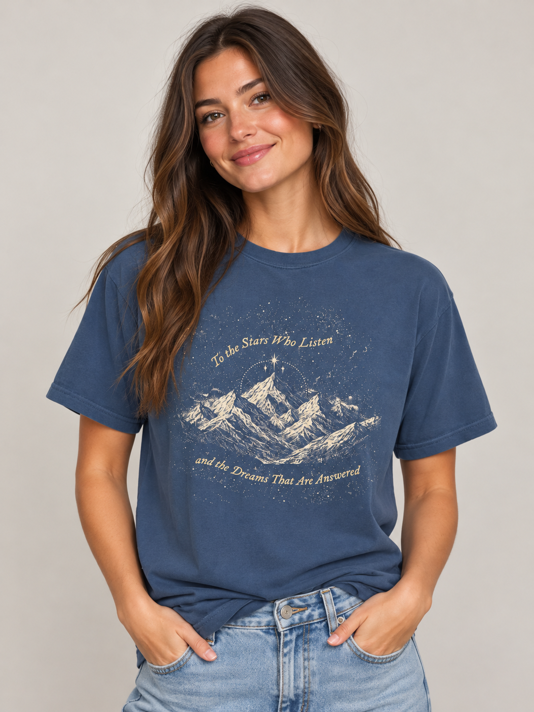 Model wearing the To the Stars Who Listen tee, fae-court romantasy book merch by Girl Tribe Co.