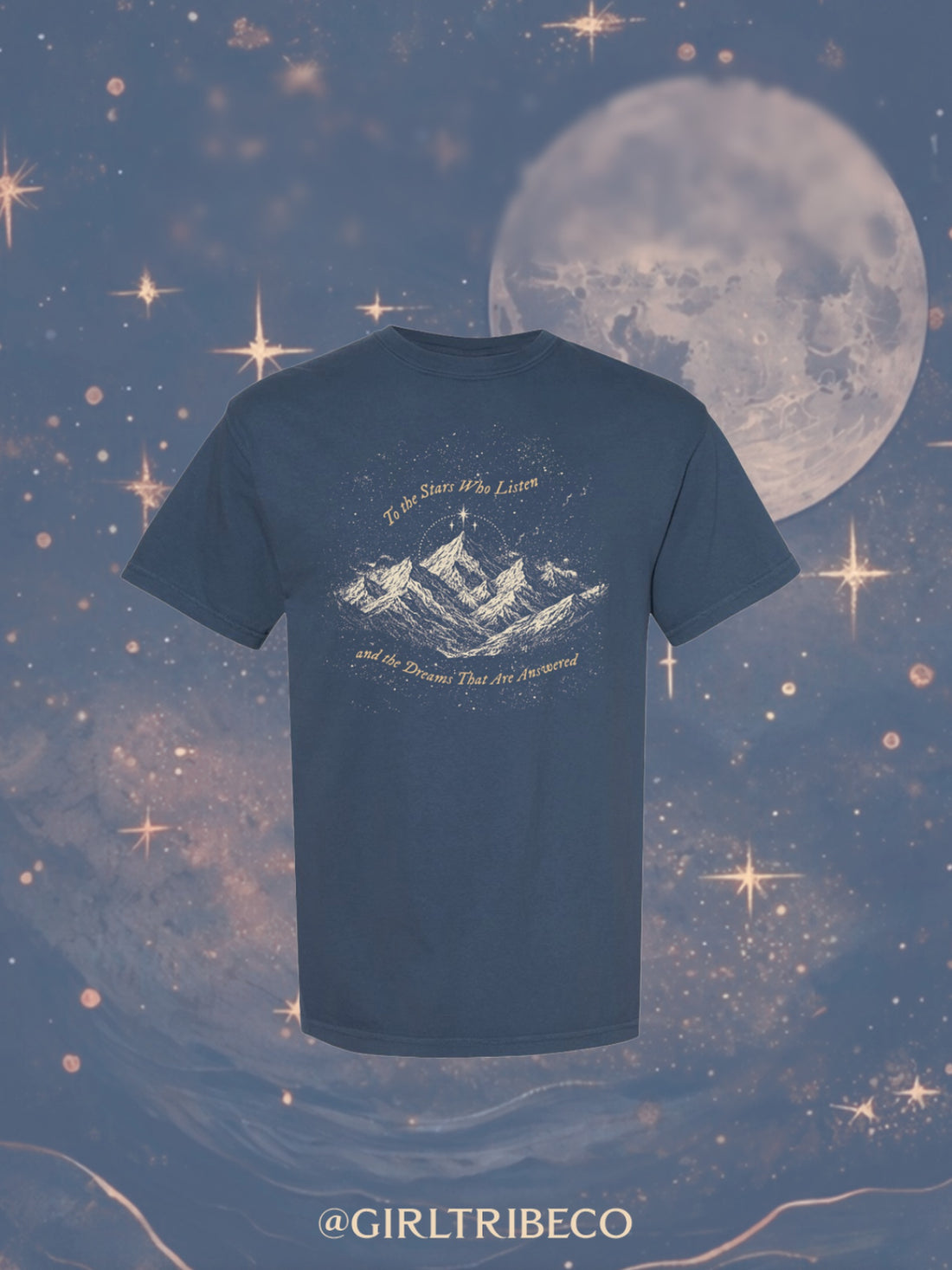 Model wearing the To the Stars Who Listen tee, fae-court romantasy book merch by Girl Tribe Co.