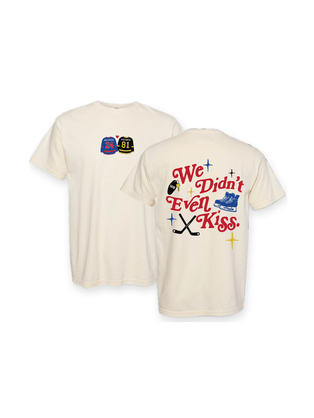 We didn't even kiss Tee flat lay on white, rivals-to-lovers hockey romance merch by Girl Tribe Co.