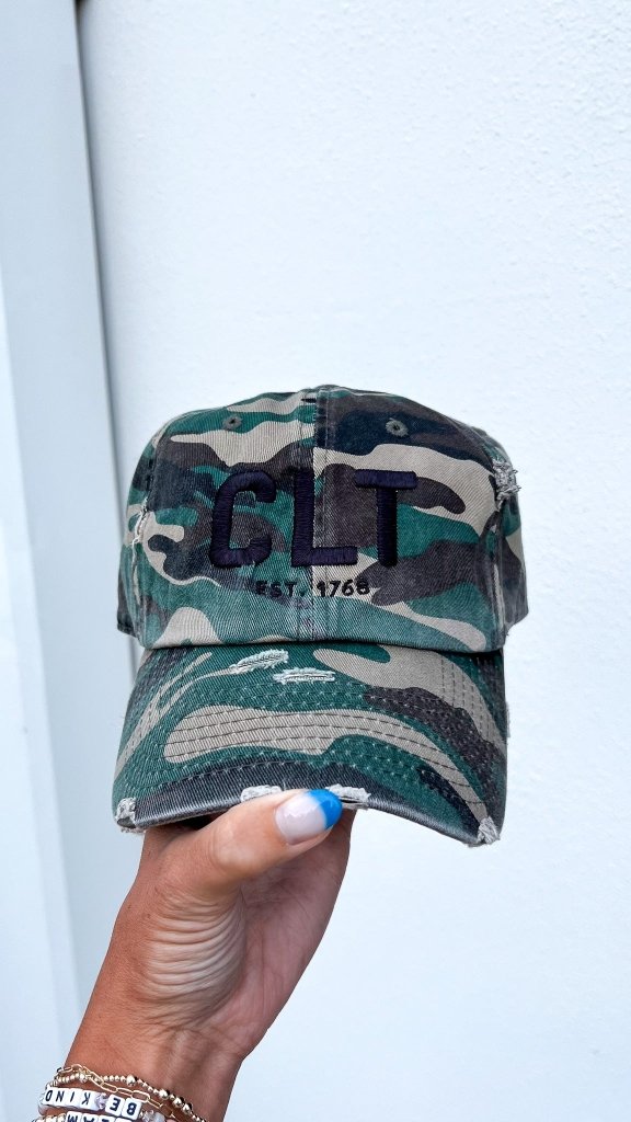 CLT Distressed Camo Hat - Black Stitch - Girl Tribe Co.