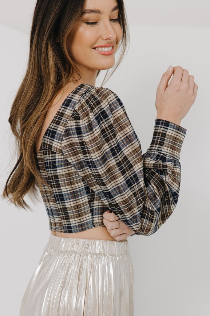 The Addie Plaid Puff Sleeve Crop Top