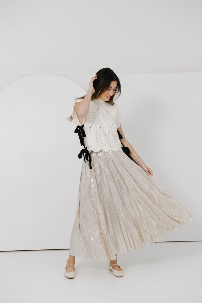 The Alessandra Pleated Midi Skirt in Champagne - Girl Tribe Co.