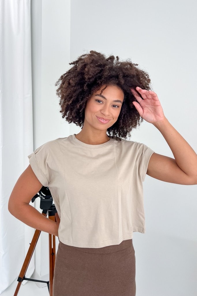 The Chicago Cuffed Sleeve Top in Tan - Girl Tribe Co.