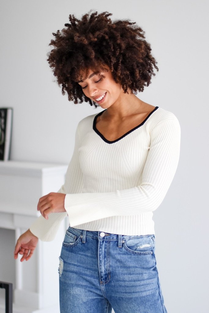 The Holly Contrast V-Neck Long Sleeve Top in Ivory - Girl Tribe Co.