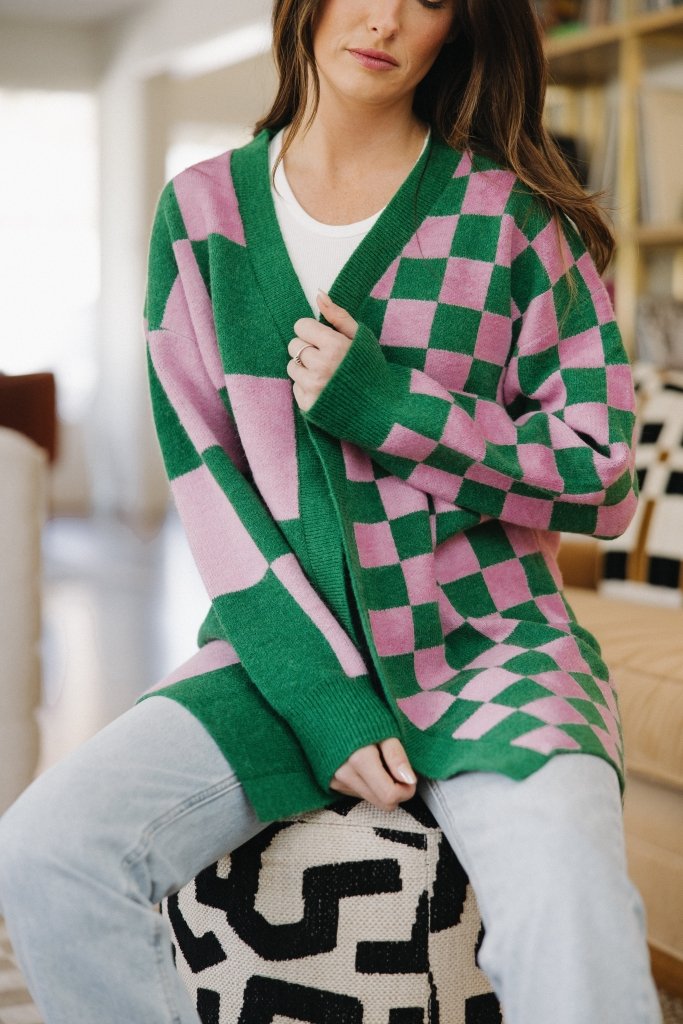 The Katherine Checkered Cardigan in Pink - Girl Tribe Co.