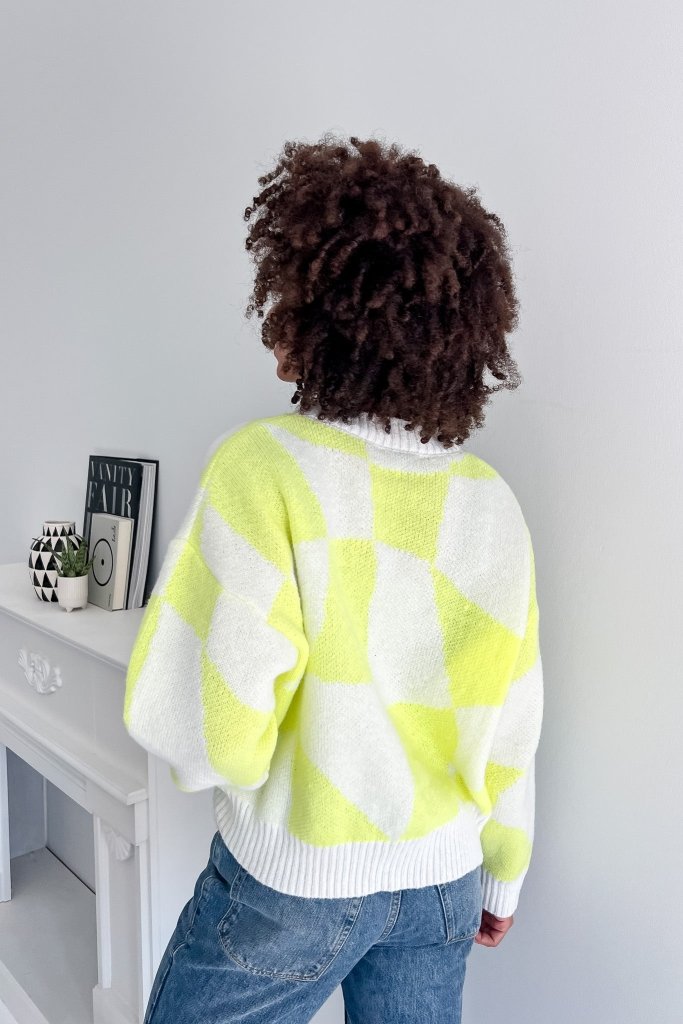 The Tatum Checkered Neon Yellow Sweater - Girl Tribe Co.