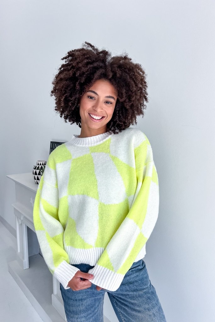 The Tatum Checkered Neon Yellow Sweater - Girl Tribe Co.